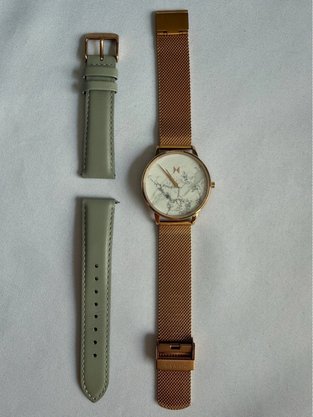 MVMT Rose Gold Mesh Band Watch with White Marble Dial